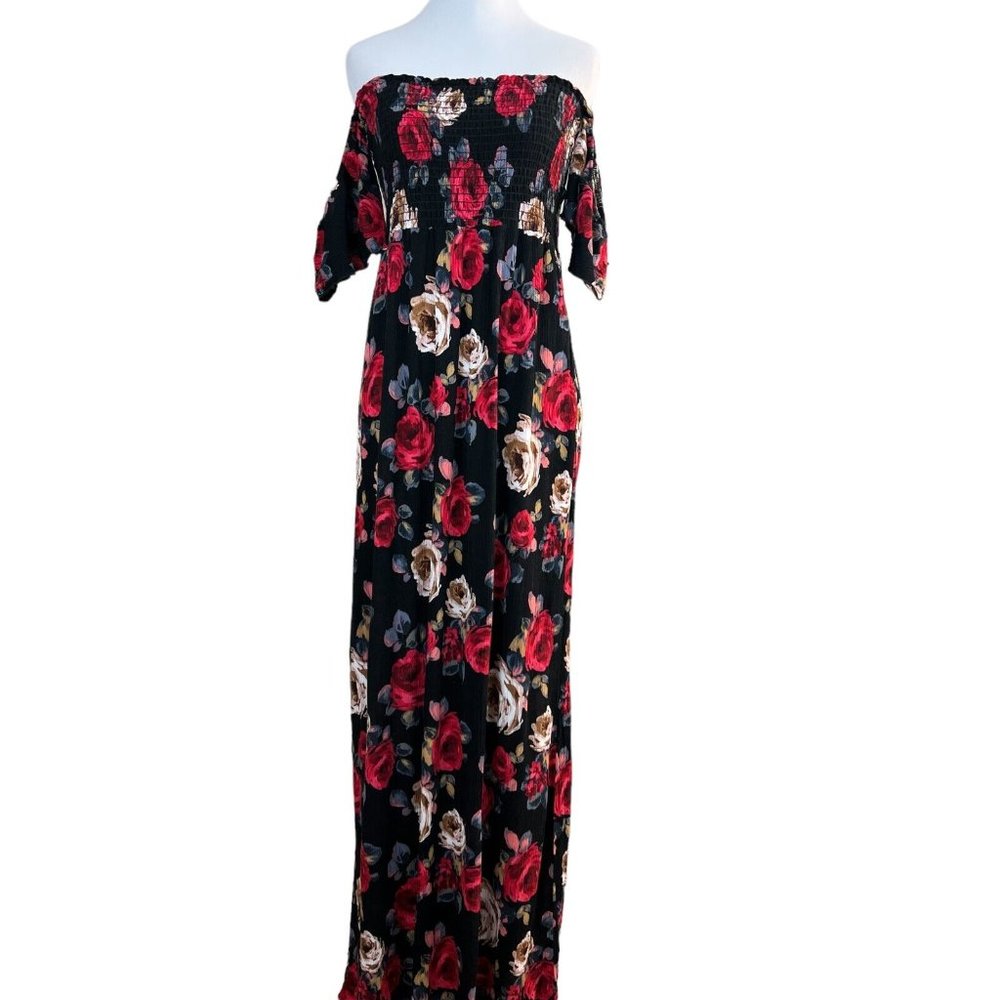 Alter’d State Maxi Dress S Black Red‎ Rose Floral Smocked Off The Shoulder Boho